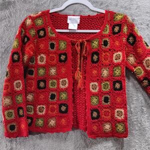Storybook Heirlooms Granny Square Tie Front Cardigan Girl's Size 8 Red retro